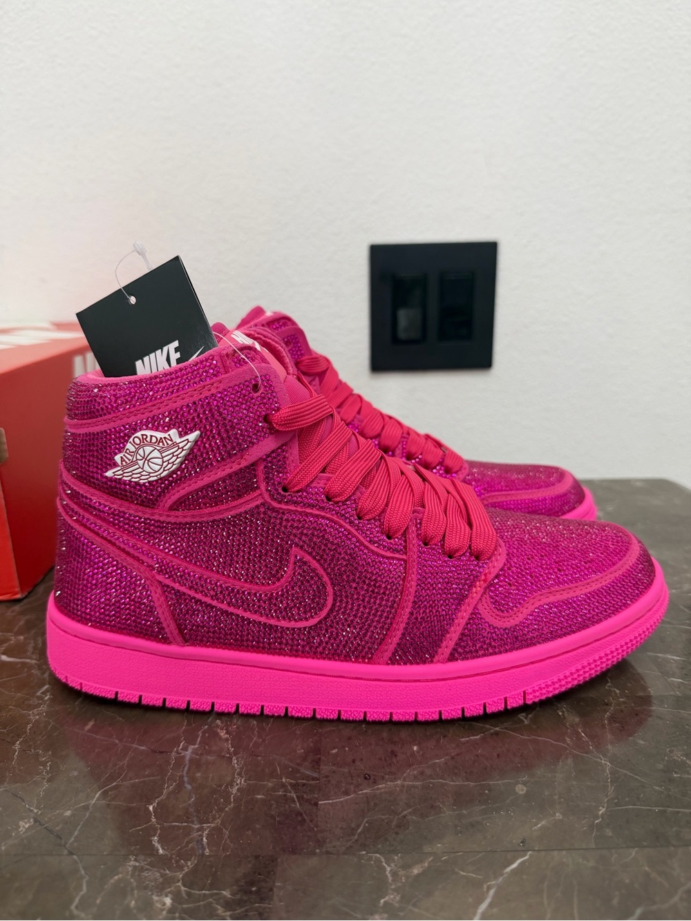 Fuschia/Pink Iced Out Nike Air Jordan 1 Custom Crystal Sneakers - Picture 3 of 7